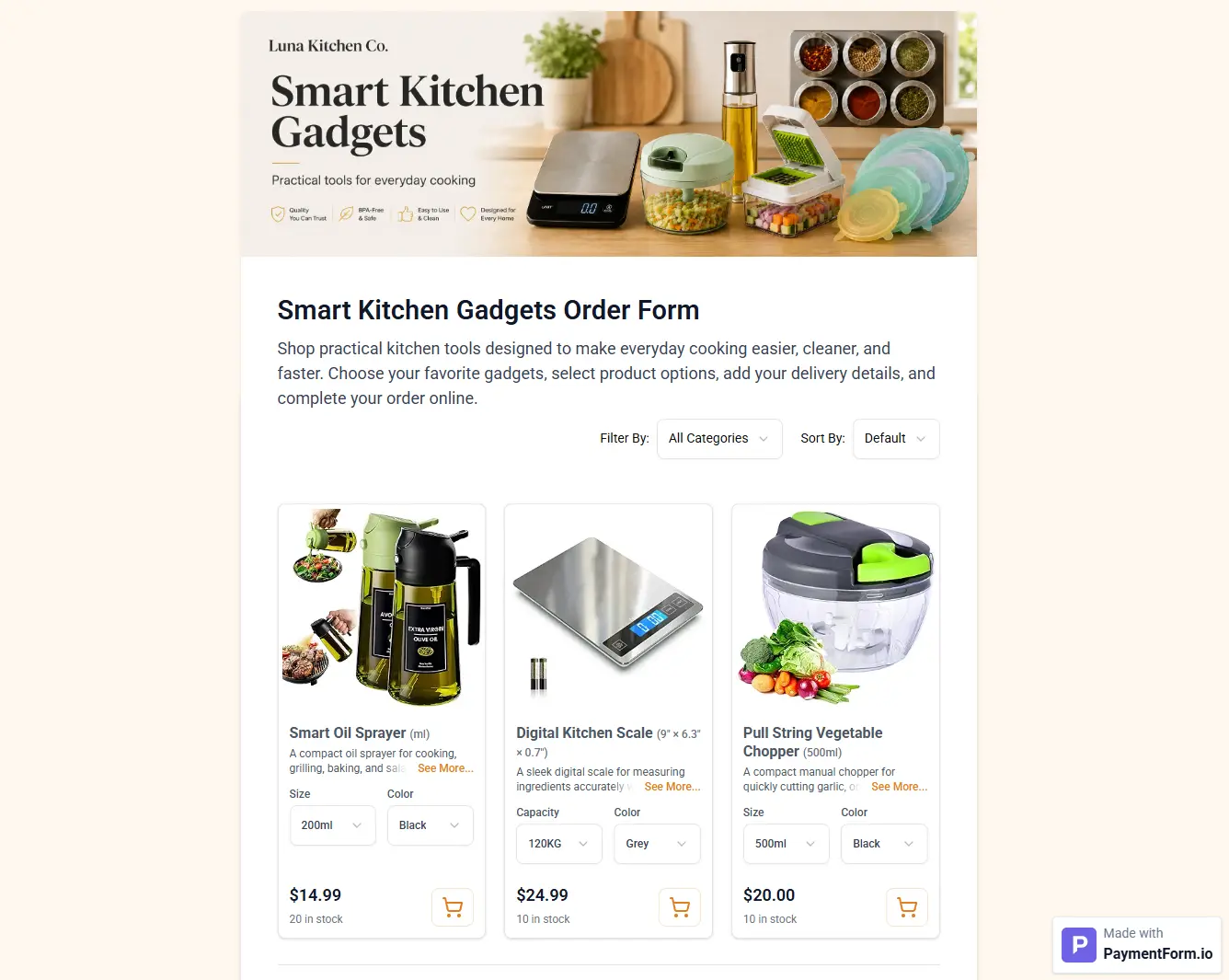 Order form using PaymentForm.io multi-product module