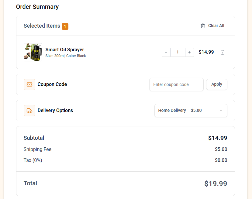 Order summary section of PaymentForm.io