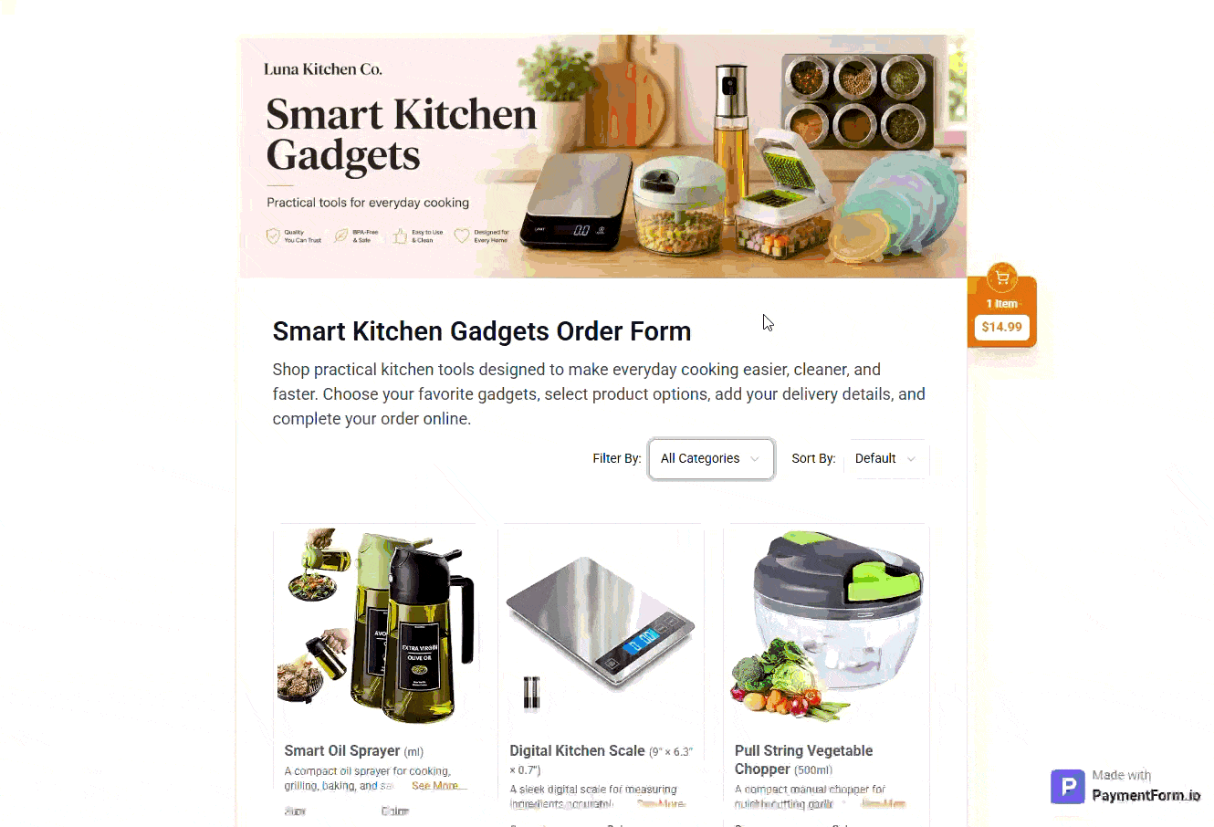 Kitchen items order form built with PaymentForm.io